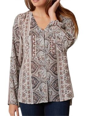 Buckle BKE Chiffon Blouse Multi Print Button Down V Neck High Low M Boho Western